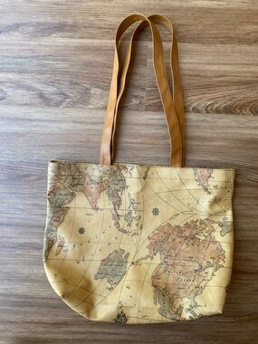 Vintage Map Print Tote in Tan with Leather Straps